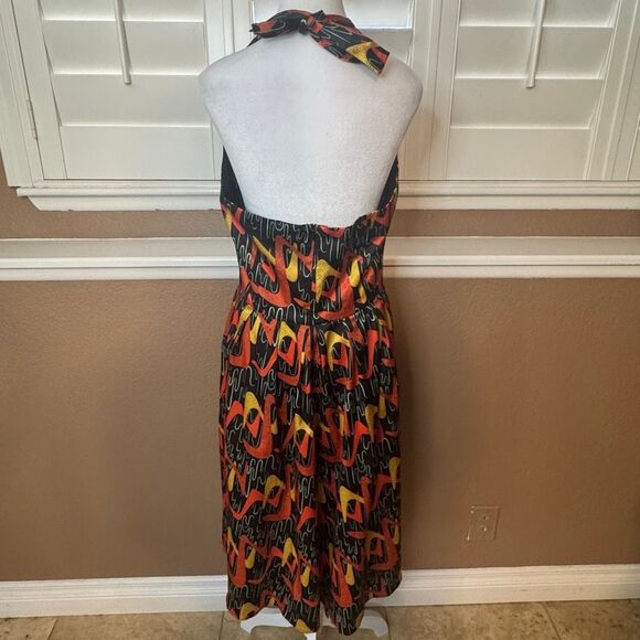 Vintage Bettie Page XL Halter Swing Dress Black Orange Boomerang Print Retro Mod - Picture 4 of 7